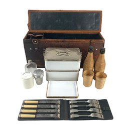 Antique Automobile Leather Picnic Trunk With German Flatware Set & More - #S10-1