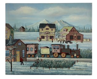 Amish Winter Folk Art Oil On Canvas Painting, Signed Jonas Bradford - #R3