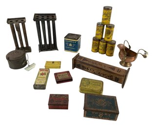 Vintage Tins, Primitive Candle Molds, Antique Mess Tin, Copper Coal Scuttle & More - #S14-4
