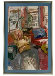 Mid-Century Interior Landscape Gouache Painting, Framed - #B2