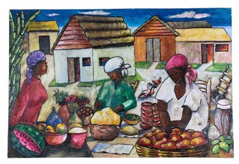 Caribbean Market Scene Impasto Oil On Canvas Painting - #BR-5