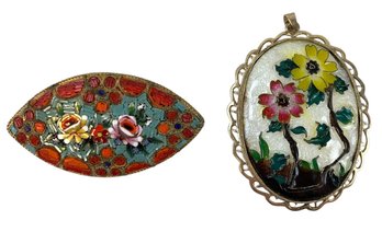 Vintage Floral Silver Enamel Pendant & Italian Micro Mosaic Glass Brooch - #JC-R