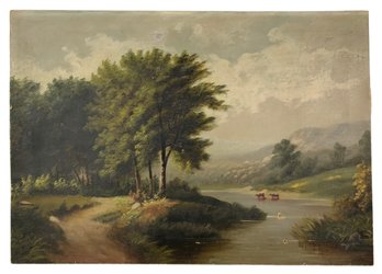 Antique Hudson River School Landscape With Cows Oil On Canvas Painting - #S13-F
