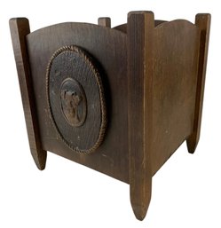 Vintage Wood Trash Bin With Oval Framed Relief Carved Terrier - #S14-4