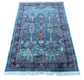 Turkish Style Teal Blue Floral Area Rug - #BR-3