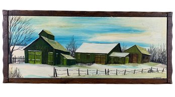 Snowy Winter Farmstead Landscape Oil Painting, Signed J. Niannino - #S19-F