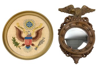 Syroco Federal Eagle Convex Porthole Mirror & Great Seal Of The United States Needlepoint - #S18-3