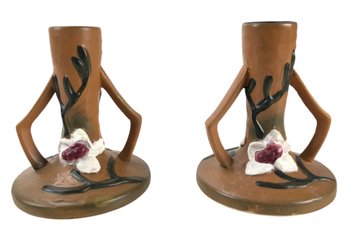 Pair Of Roseville Pottery Cherry Blossom Candlesticks - #FS-7