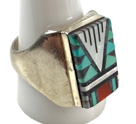 ZUNI Sterling Silver Inlaid Mother-Of-Pearl, Turquoise, Onyx, Coral Men's Ring - #JC-B