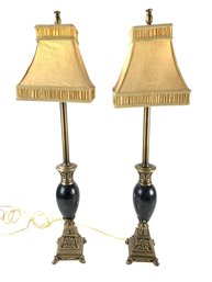 Maitland Smith Black Marble Brass Table Lamps With Silk Pleated Shades - #S15-4