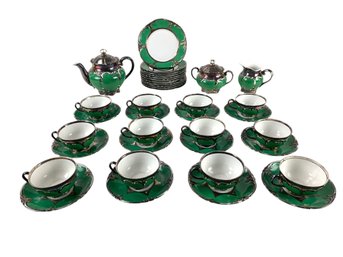 Rudolph Wachter Sterling Silver Drip Green Porcelain Tea Set, Bavaria - #S13-2