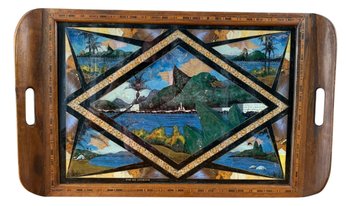 Vintage Rio De Janero Hand Painted Serving Tray With Wood Inlay - #S11-3