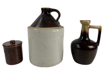Antique Stoneware Whiskey Jug, Leroux Liquor Jug & Stoneware Butter Crock - #S17-2