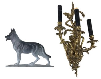 Electrified Brass Wall Sconce & Aluminum German Shepherd Doorstop - #S1-2