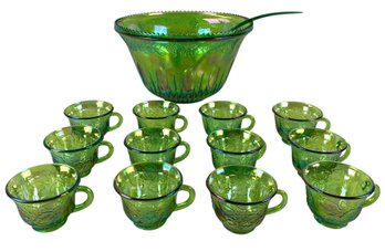 Indiana Green Carnival Glass Harvest Grape Punch Bowl Set - #S8-2