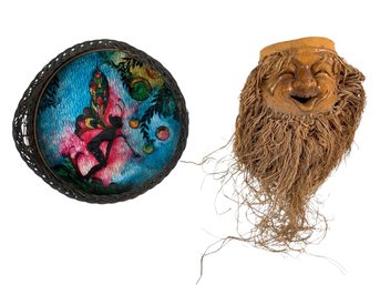 Carved Bamboo Root Mask & Vintage Glass Top Fair Serving Tray - #S7-4