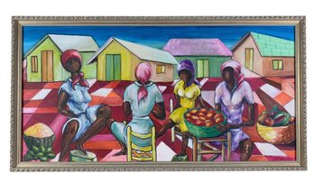 Caribbean Village Market Oil On Canvas Painting, Signed F.V. Woolley - #BR-5