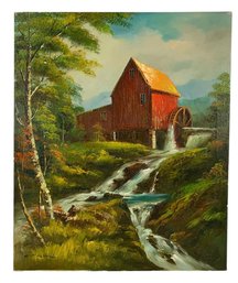 Mid-Century Water Mill Landscape Oil Painting, Signed C. Marshall - #R3