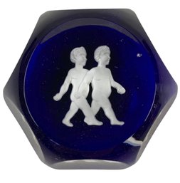 Baccarat Crystal Zodiac Gemini Twins Cobalt Blue Paperweight, Made In France - #FS-5