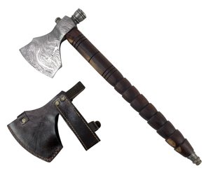Damascus Axe With Leather Sheath & Carved Wood Handle - #S14-2