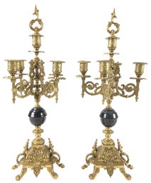 Vintage Italian Brass & Marble Baroque Style 5-Arm Candelabras With Candle Caps - #S4-3