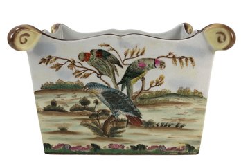 Vintage Chinese Porcelain Planter, Hand Painted Birds & Country Landscape - #S8-2