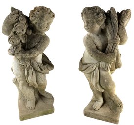 Vintage Concrete Cherub Garden Statues (Two Of The Four Seasons) - #FF