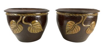 Vintage Italian Glazed Terra Cotta Planter Pots With Vine & Leaf Design - #S17-1