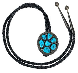 Signed Southwestern Navajo Sterling Silver Turquoise Cluster Pendant Bolo Tie - #JC-B