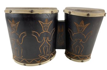 Vintage Carved Wood Folk Art Bongo Drums - #S9-2