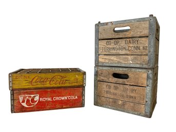 Vintage RC Cola, Coca Cola & Co-Op Dairy Torrington Conn. Wood Crates - #S18-2