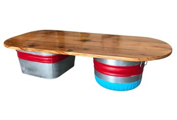 Rustic Wood Top Galvanized Tub Coffee Table - #GRG