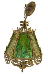 Art Nouveau Electrified Green Slag Glass Chandelier - #FF