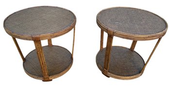 Pair Of Round Rattan & Bamboo Side Tables - #FF
