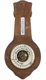 Antique Porcelain Aneroid Barometer & Thermometer Mounted On Wood Base - #S24-2