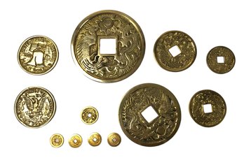 Vintage Brass Chinese Amulets, Liberty Bell / Morgan Medallions - #S16-4