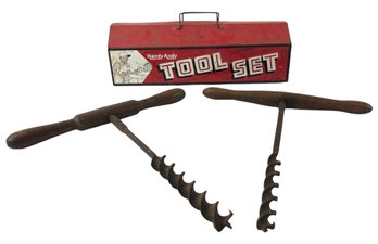 Antique T-Handle Augers & 1950s Handy-Andy Metal Tool Box - #S6-2