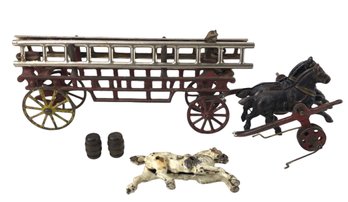 Cast Iron Three-Horse Drawn Hook And Ladder Fire Wagon - #S9-4