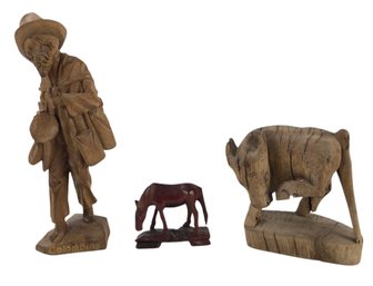 Columbian Carved Wood Figures: Bull, Horse & Villager - #S23-4
