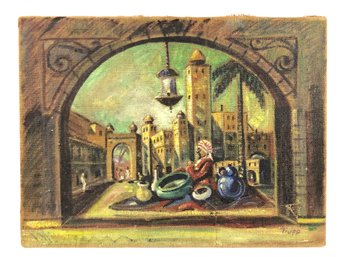 'Oriental Bazaar' Landscape Acrylic On Burlap Painting, Signed Trapp - #RBW-W