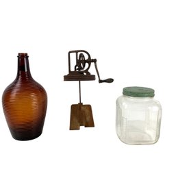 Dazey Churn Top & Dasher, Hoosier Cabinet Jar & 1934 Amber Owens-Illinois Ribbed Bottle - #S1-5