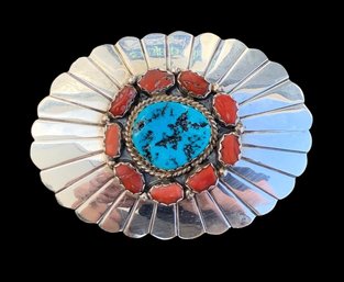 Vintage Native American Sterling Silver Turquoise Coral Belt Buckle - #JC-B