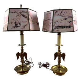 Brass Eagle Table Lamps With Western Lamp Shades (WORKS) - #S11-6