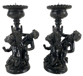 Rococo Style Black Painted Spelter Candlesticks - #S8-2