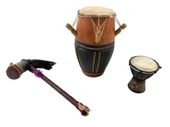 African Djembe Hand Drum, Kpanlogo Drum & Horn Rattle - #S2-2
