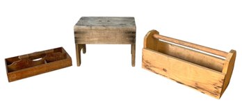 Antique Wooden Stool, Wooden Cutlery Tray & Wood Toolbox - # S15-1