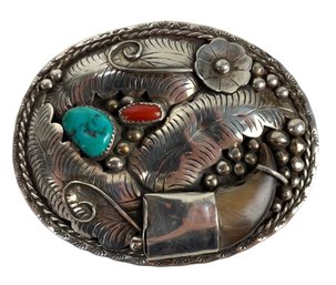 Sterling Silver Turquoise & Coral Navajo Belt Buckle, Signed - #GR