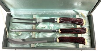 Mid-Century Modern Eldan Faux Stag Horn Carving Set With Case (Made In Japan) - #S15-4