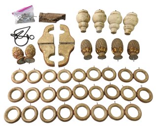 Collection Of Curtain Drapery Wood Finials, Rings & Brackets - #S17-3