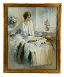 Portrait Of A Seated Young Woman Signed Oil On Canvas Painting - #C2